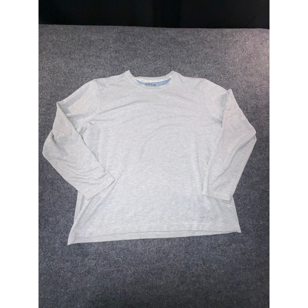 Orvis Mens XL Long Sleeve Crew Neck Shirt Grey White Micro Stripe Knit Tee